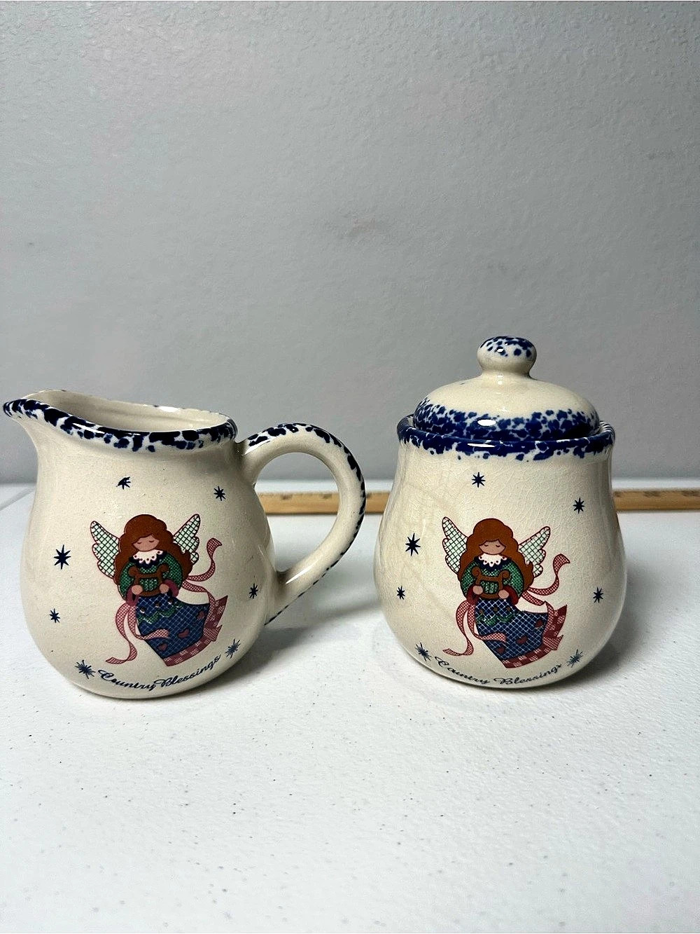 Country Blessings Angel Creamer and Sugar Bowl Set Cream & Blue